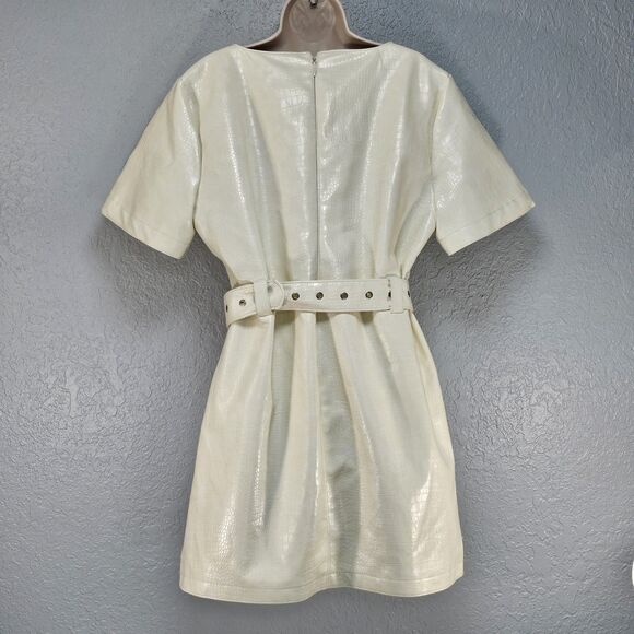 Cinq a Sept Abytha Belted Faux Leather Mini dress in Alabaster Size 14 - Picture 4 of 11